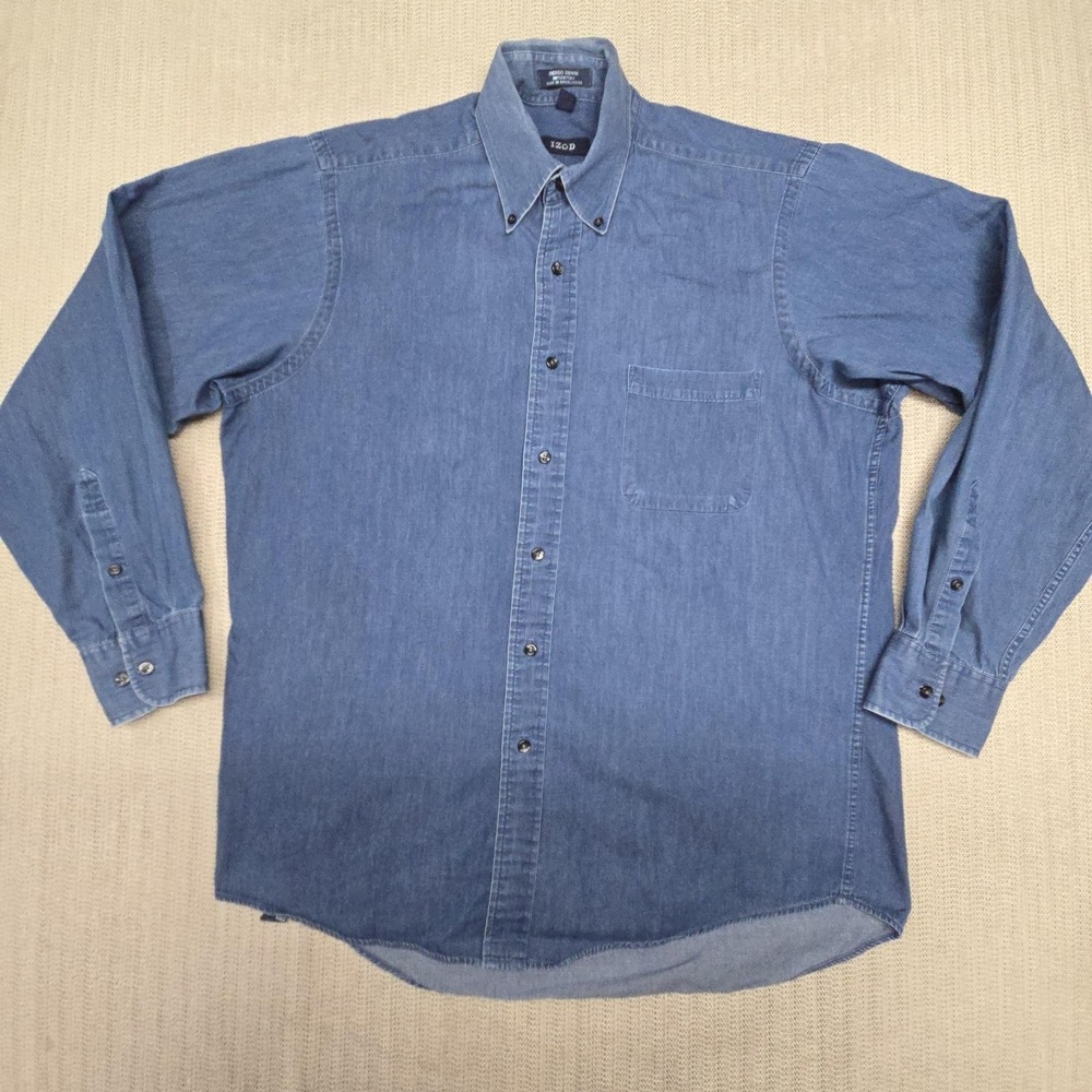 IZOD Shirt Mens Large Blue Denim Long Sleeve Button Down Up Pocket Casual